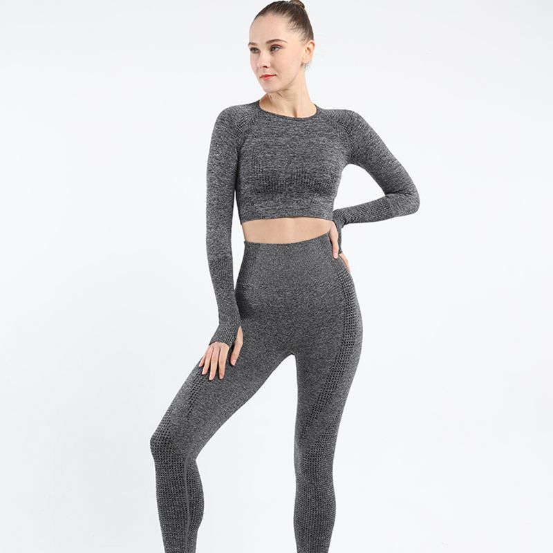 Women's Customize Yoga Sets 2-piece Crop Top Sports Workout Long Sleeve Athletic Thumb Hole Crop Tops And Leggings