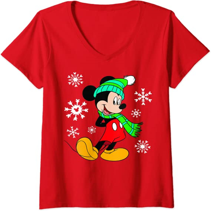 Womens Xmas Disney Mickey Mouse Holiday Snowflakes Portrait Christmas V-Neck New Year T-Shirt 